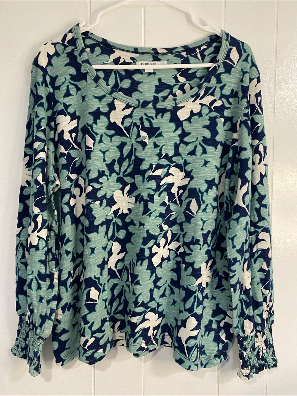 Chico’s Floral Knit Top Coastal Botanical Tropical Slub Blue Aqua Size 2 Large